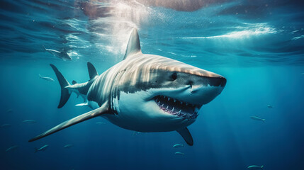 Fototapeta premium Shark swimming under sun rays in the blue ocean waters. Generative AI