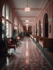 Fototapeta premium Hallway in a pink building with chairs and lamps. Generative AI