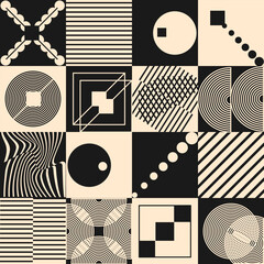 Seamless pattern rectangle with Trendy Geometric Shapes. Weird groovy modern square, circle, line set. Design t-shirt print. Vector illustration.