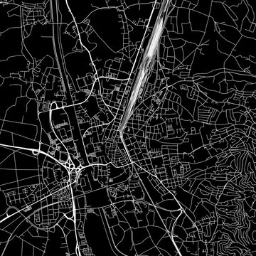 1:1 square aspect ratio vector road map of the city of  Offenburg in Germany with white roads on a black background.