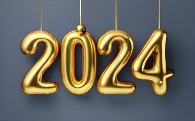 Banner Happy New Year 2024 golden Greeting Card on dark background, typography, photo, poster, 3d render, illustration