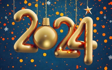 Banner Happy New Year 2024 golden Greeting Card on dark background, typography, photo, poster, 3d render, illustration