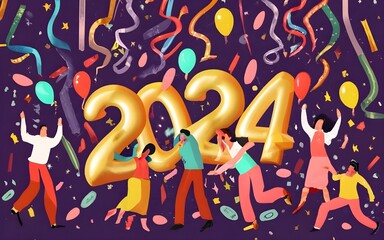 A festive and cheerful scene of people celebrating the new year, with confetti, streamers, and balloons filling the air.The number '2024' and words"Happy new year " should in the image, typography, ph