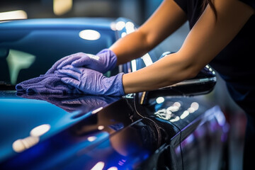 Close up hands of a young woman cleaning a car with a microfiber cloth in the background at a car wash. Car wash and cleaning custom concept. - obrazy, fototapety, plakaty