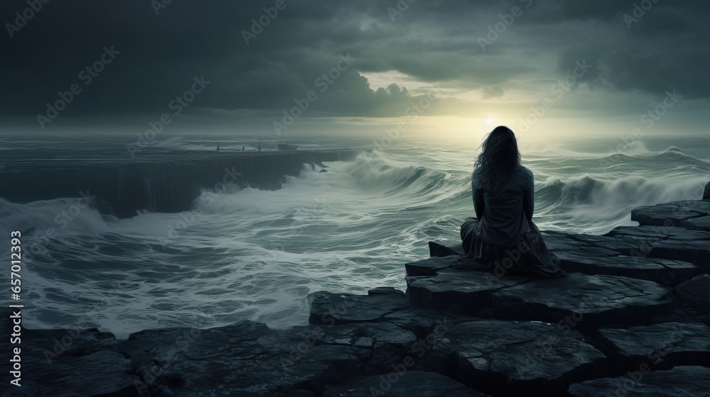 Poster a woman sitting on a rock looking at a large wave