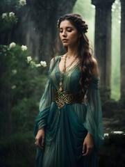 Spring rain woman Stone Ruins, Tall and Slender, Flowing Dress with Celtic Knot Jewelry,
