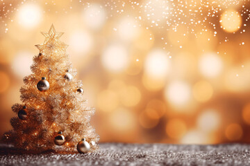 Golden Christmas tree decorated with bauble balls on gold color bokeh festive lights background....