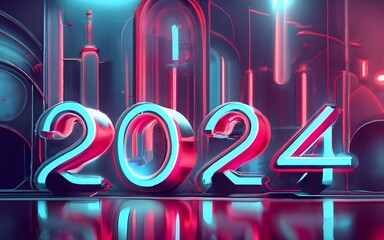A futuristic and sci-fi inspired background, with neon lights and holographic projections spelling out "2024" in a futuristic font., typography, photo, poster, 3d render