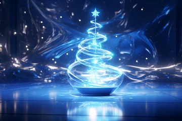 Foto op Plexiglas Magic decorated Christmas tree with balls for New Year on blue background. Fir tree decoration with balls. Christmas ornament. Winter holiday background. Magical moment in Xmas night. © Artinun