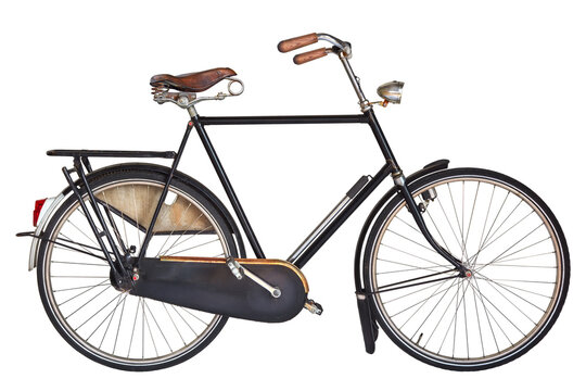 Vintage Dutch gentleman bicycle with leather saddle and wooden handle bars isolated on a white background