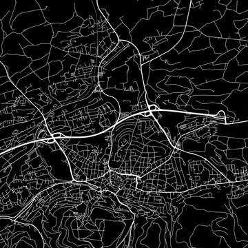1:1 square aspect ratio vector road map of the city of  Iserlohn in Germany with white roads on a black background.