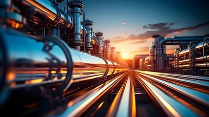 Fotobehang Industry pipeline transport petrochemical, gas and oil processing, furnace factory line, rack of heat chemical manufacturing, equipment steel pipes plant with Generative AI © Lucky Ai