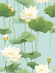 Seamless pattern of white lotus flowers and lotus leaves on green background, lotus seamless pattern, lotus seamless wallpaper, seamless fabric, curtain fabric swatch