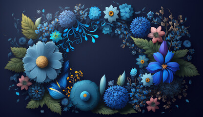Fototapeta na wymiar Floral abstract elegant blue flower border background AI Generated