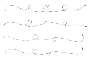 Obraz premium Hand drawn Thin continuous line lovely hearts style curved Dotted arrow vector, one line left right direction love sign with pen dashed line arrows, Minimalistic Outline single line way decorations 
