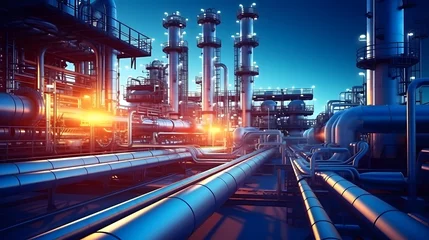 Schilderijen op glas Industry pipeline transport petrochemical, gas and oil processing, furnace factory line, rack of heat chemical manufacturing, equipment steel pipes plant with Generative AI © Lucky Ai