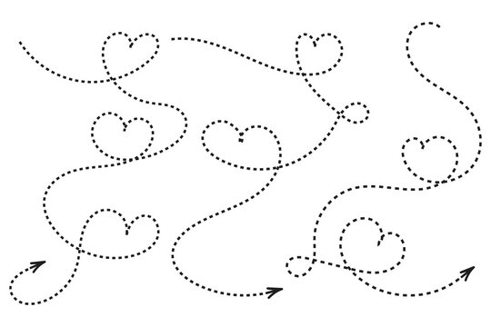 Hand drawn Thin continuous line lovely hearts style curved Dotted arrow vector, one line left right direction love sign with pen dashed line arrows, Minimalistic Outline single line way decorations

