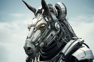 Futuristic armored donkey in a surreal cyberpunk outfit for commercial and editorial ads. Generative AI - obrazy, fototapety, plakaty