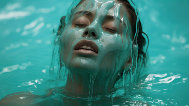 beautiful girl in the swimming pool with green paint on her face