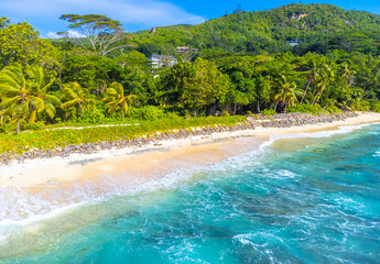 Aerial view of Anse Takamaka shore on a sunny day