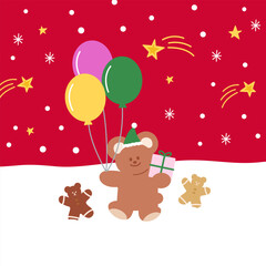 Christmas background with Teddy Bear, gingerbread man, balloons and gifts for Christmas card, print, wallpaper, backdrop, banner, ad template, social media, poster, fabric, winter sticker, gift wrap