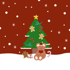 Christmas background with Xmas tree, Teddy bear, gingerbread man for Christmas card, print, wallpaper, backdrop, banner, frame, ad template, social media, poster, fabric, winter sticker, gift wrap