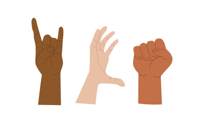 Vector illustration in flat style , different gesturing hands and different raising hands isolated on white background for different design uses.