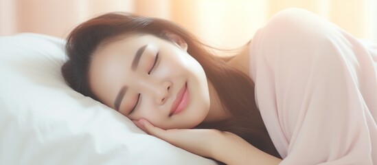 Fototapeta na wymiar Portrait of beautiful Asian woman with attractive smile enjoying fresh soft mattress in white bedroom