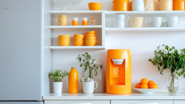 Orange cupboard with kitchen utensils on shelves in modern kitchen