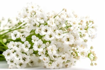 Closeup of white gypsophila flowers on isolated white background. Generative AI - obrazy, fototapety, plakaty