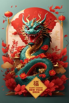 Chinese new year 2024 year of the dragon, red paper cut dragon character,flower and asian elements with craft style on background., Generative AI