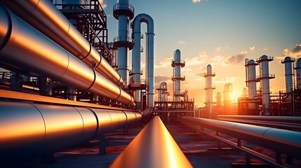 Industry pipeline transport petrochemical, gas and oil processing, furnace factory line, rack of heat chemical manufacturing, equipment steel pipes plant with Generative AI - obrazy, fototapety, plakaty