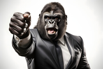 Gorilla businessman in suit holding fist up
