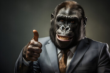 Gorilla businessman in suit holding finger up