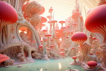 3D abstract illustration of a fantasy world made of mushrooms in light pink pastel shades