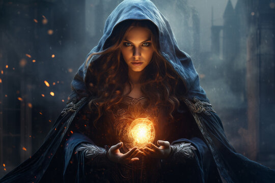 Sorceress Witch Woman holds magic fire in hands in a fantasy world