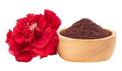 Red hibiscus flower and powder on transparent background. © wasanajai