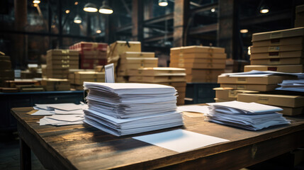 Obraz premium Stacks of paper on warehouse background. Documents for warehouse and accounting reporting.