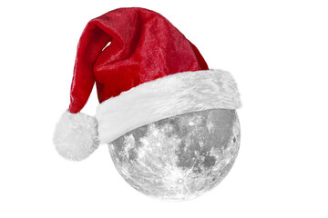 moon with a Santa Claus hat for Christmas on a transparent background in PNG format