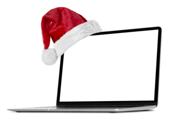 modern laptop computer with a Santa Claus hat for Christmas on a transparent background in PNG format
