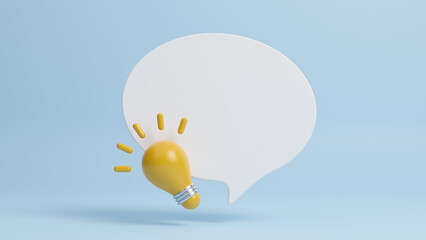 Quick tips for smart creative with light bulb in speech bubble on blue background. Inspiration, brainstorm, development, business solution concept. Growth and success. 3d rendering illustration - obrazy, fototapety, plakaty