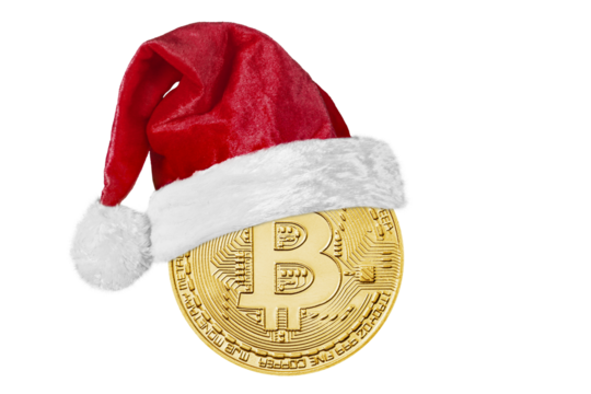 bitcoin coin with a Santa Claus hat for Christmas on a transparent background in PNG format
