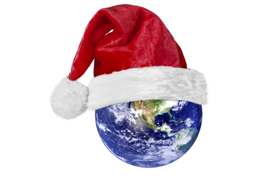 Earth with a Santa Claus hat for Christmas on a transparent background in PNG format