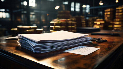 Stacks of paper on warehouse background. Documents for warehouse and accounting reporting. - obrazy, fototapety, plakaty