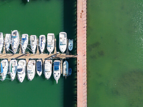 Boats moored near pier in green sea