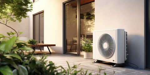 Air source heat pump installed in a residential building - obrazy, fototapety, plakaty