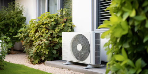 Air source heat pump installed in a residential building - obrazy, fototapety, plakaty