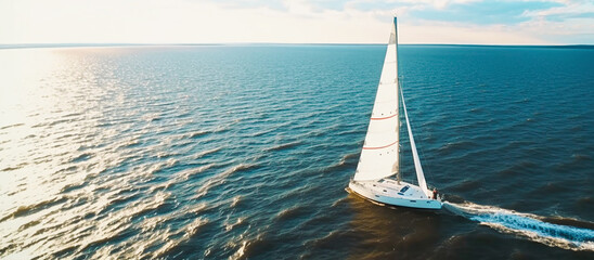 Aerial view of a sailboat in a windy state. Evening. Sunset. Sun rays.