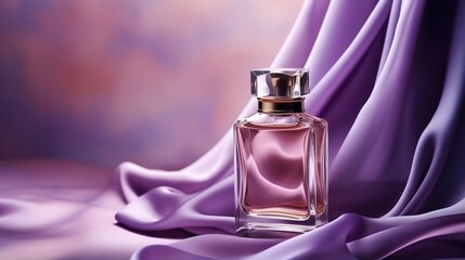 Generative AI, Bottle of perfume on a purple silk background. Glass flask with purple fragrance packaging design mock up - obrazy, fototapety, plakaty