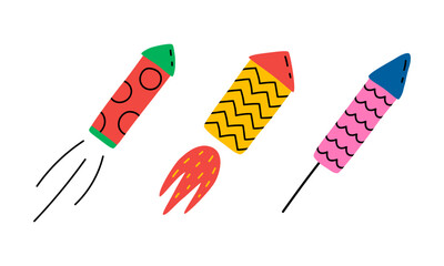 Hand drawn cartoon illustration set of exploding party rocket firework. Cute doodle simple missile, firecracker sticker or icon. Flat vector pyrotechnics, festive element collection. Isolated.